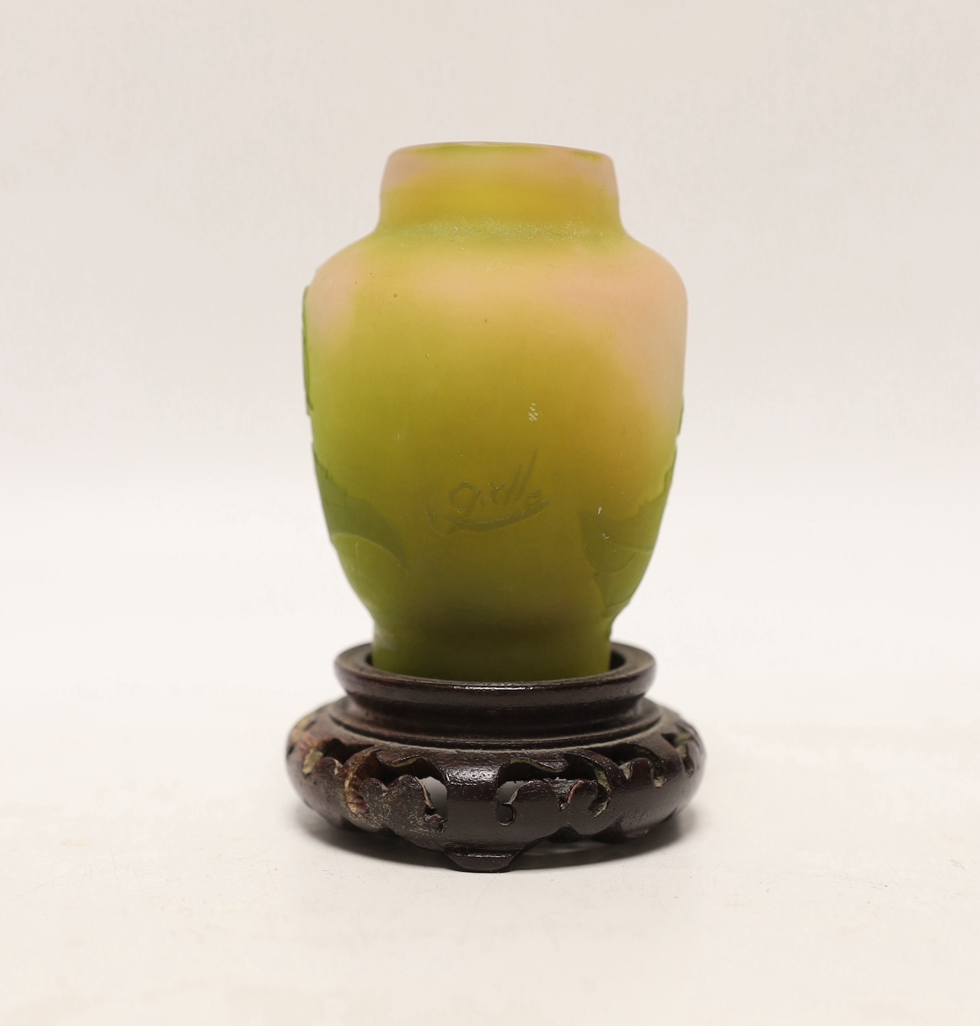A small Gallé cameo glass vase, attached to hardwood base, 10cm